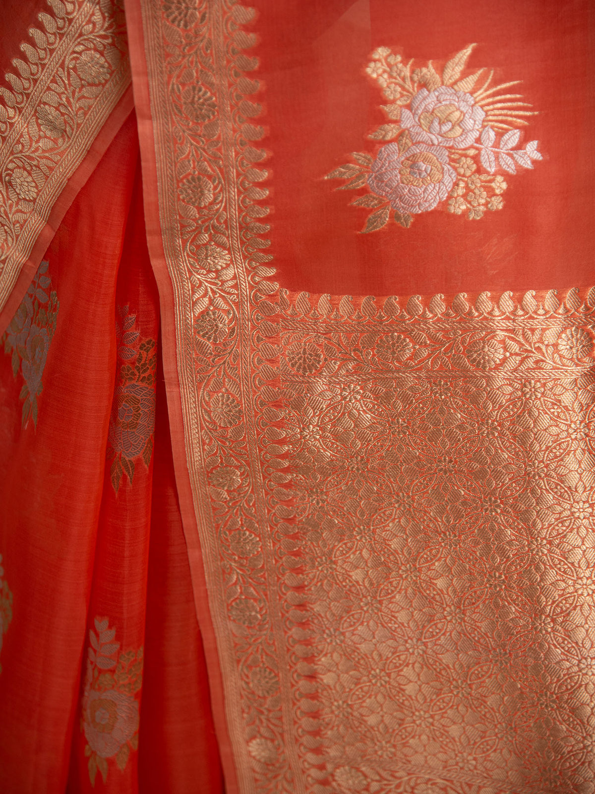 Orange Boota Organza Handloom Banarasi Saree - Sacred Weaves