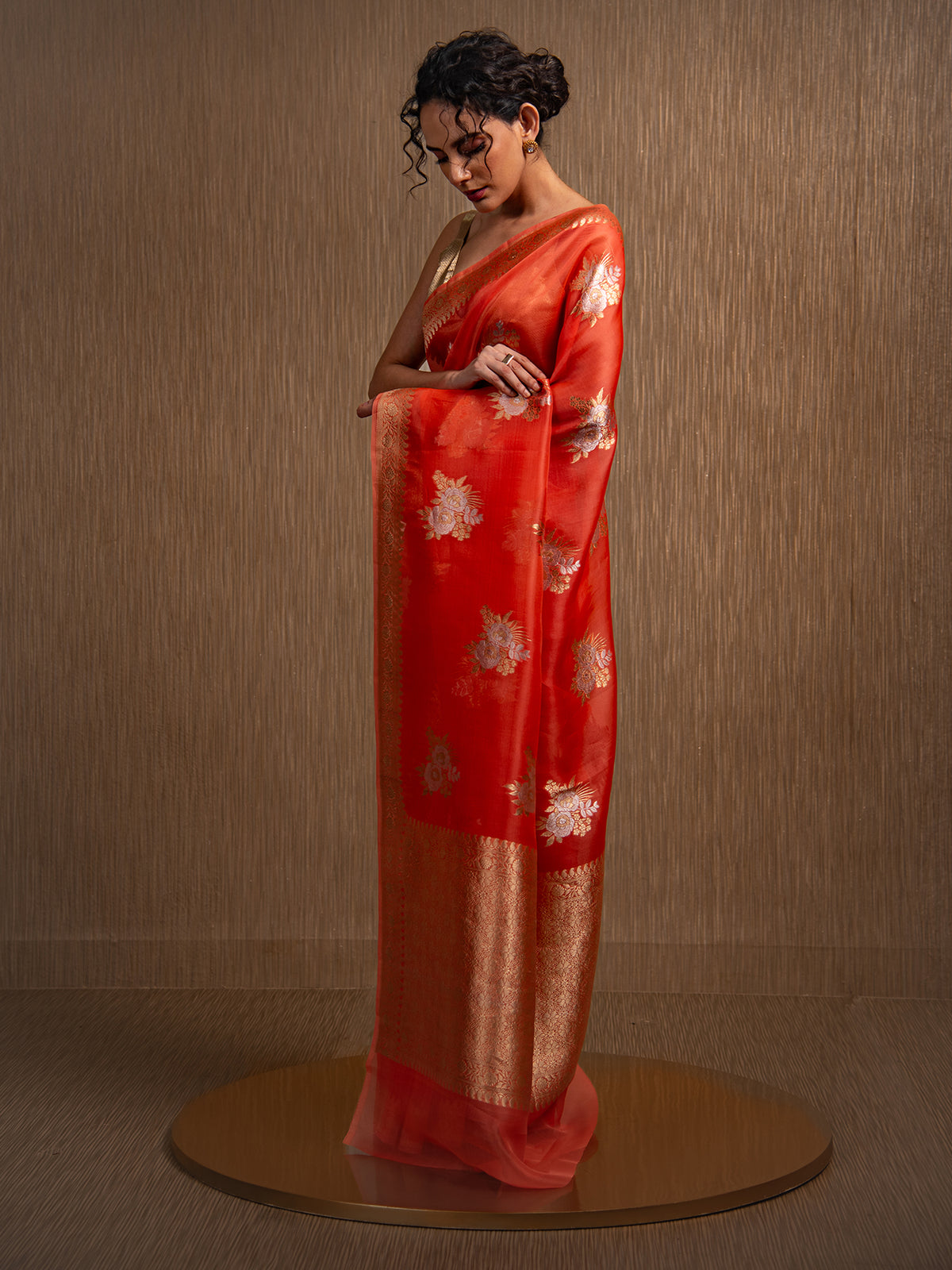 Orange Boota Organza Handloom Banarasi Saree - Sacred Weaves