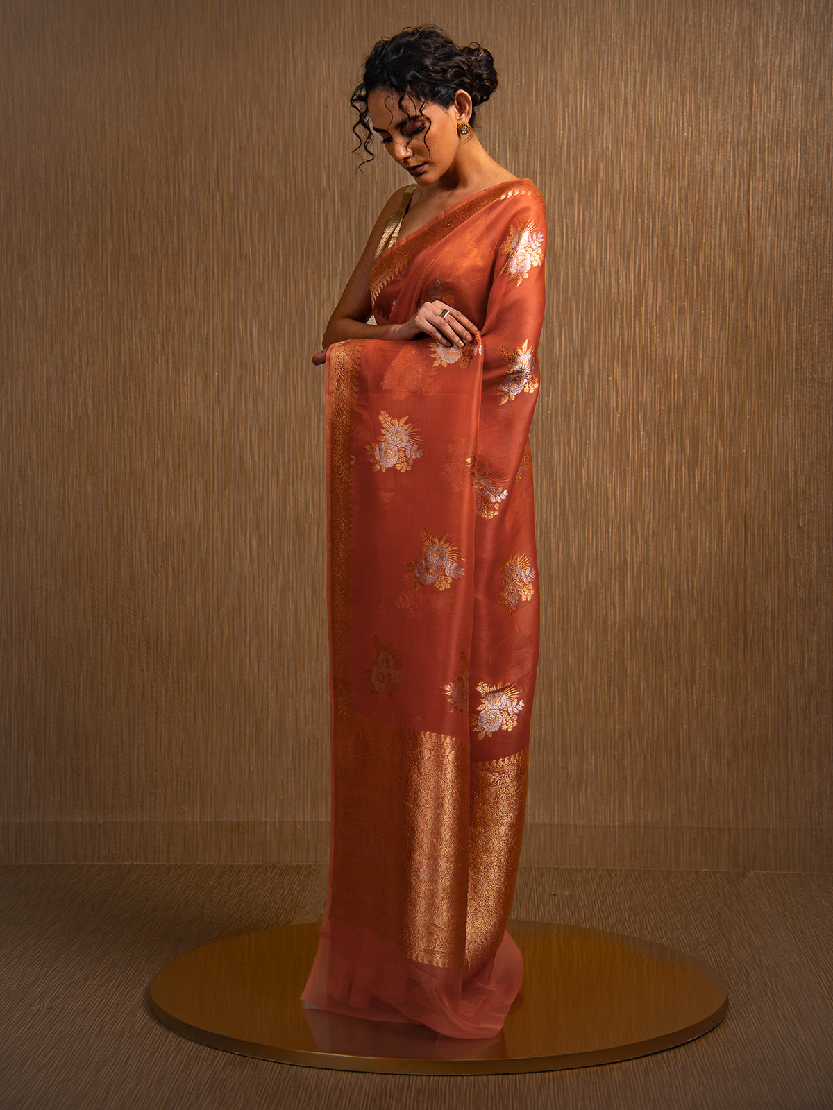 Orange Boota Organza Handloom Banarasi Saree