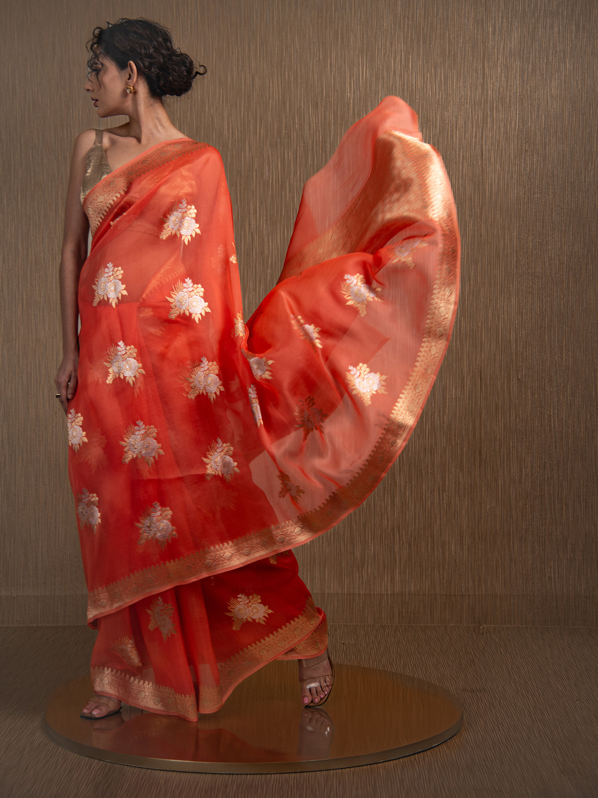 Orange Boota Organza Handloom Banarasi Saree - Sacred Weaves