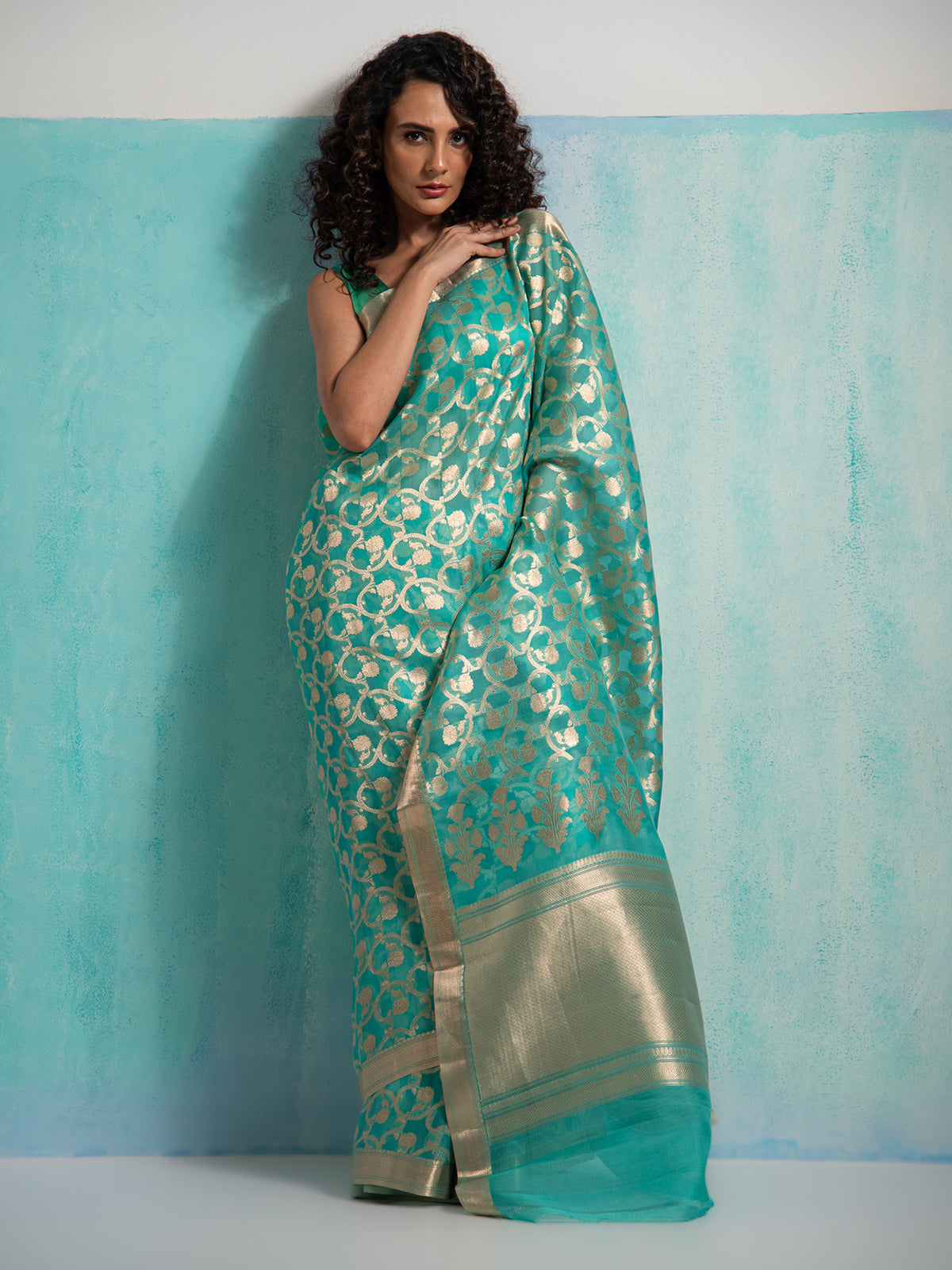 Sea Green Jaal Organza Handloom Banarasi Saree - Sacred Weaves