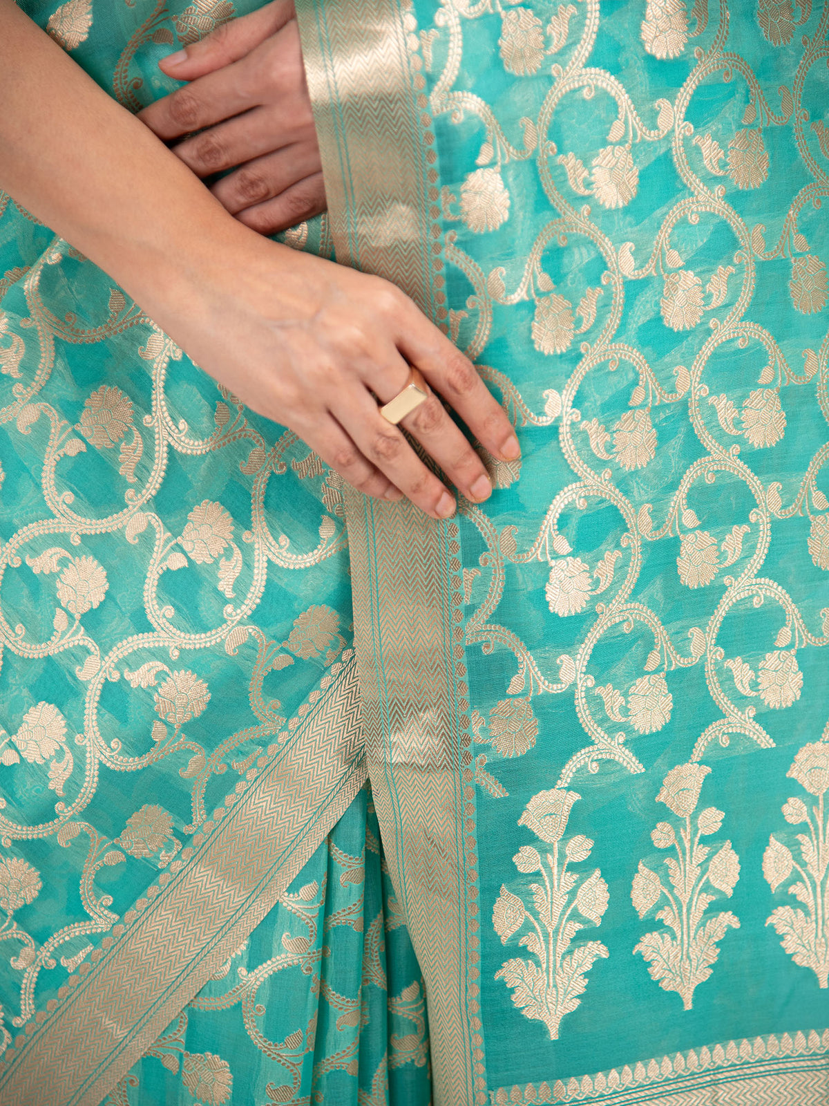 Sea Green Jaal Organza Handloom Banarasi Saree - Sacred Weaves