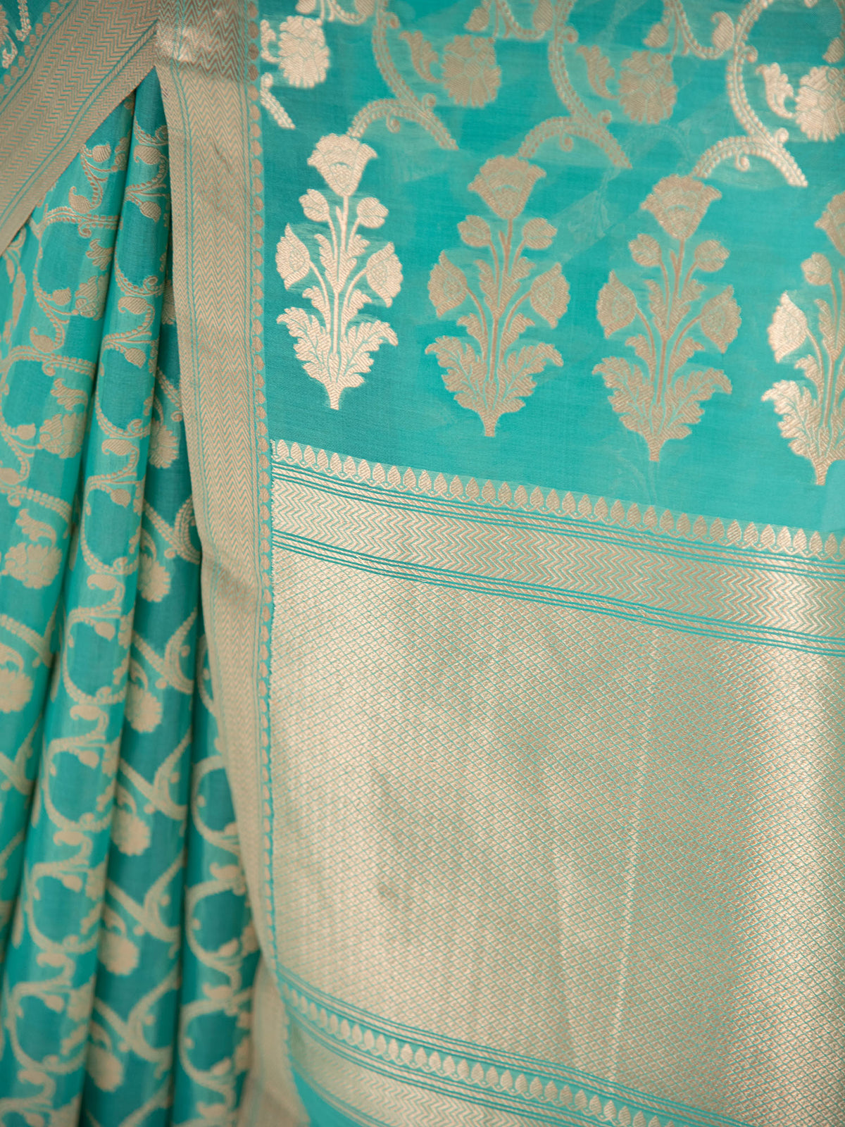 Sea Green Jaal Organza Handloom Banarasi Saree - Sacred Weaves