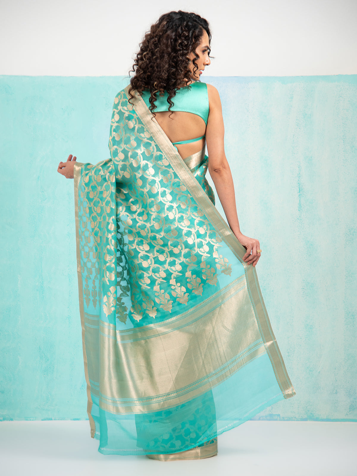 Sea Green Jaal Organza Handloom Banarasi Saree - Sacred Weaves