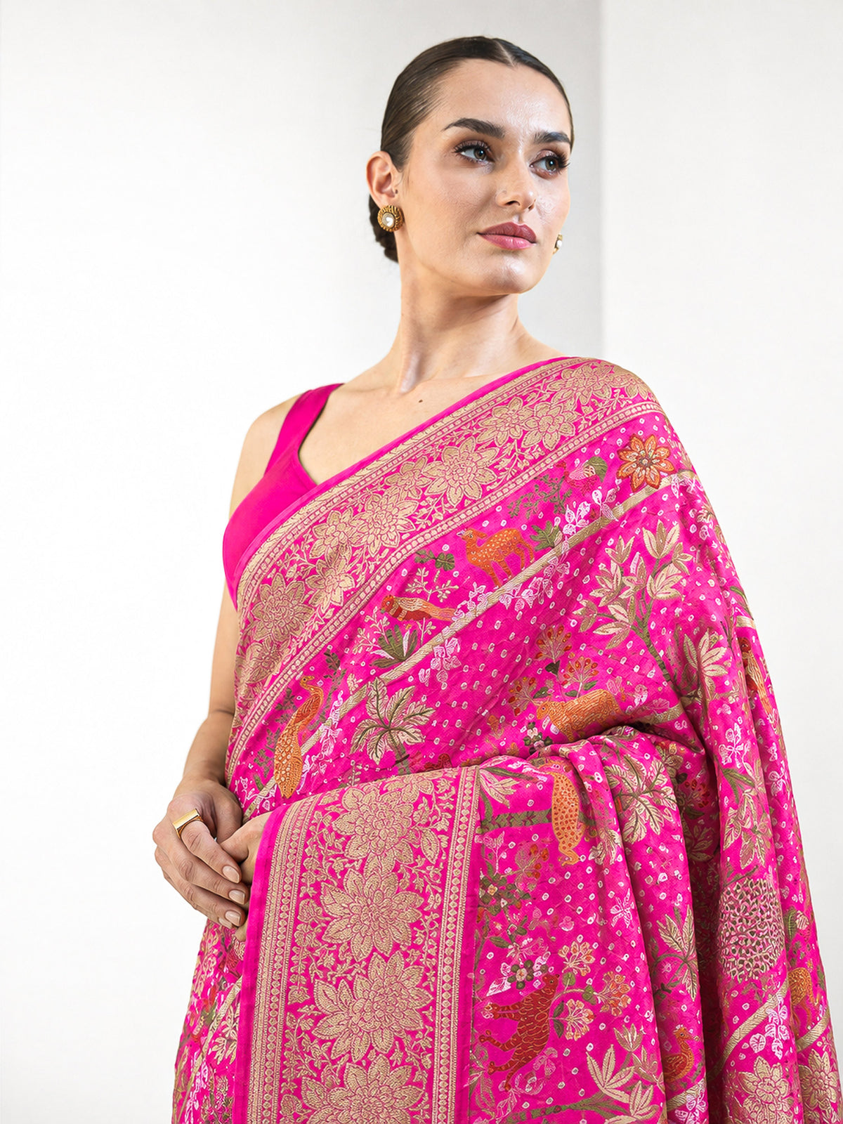 Dark Pink Meenakari Bandhani Crepe Silk Handloom Banarasi Saree - Sacred Weaves