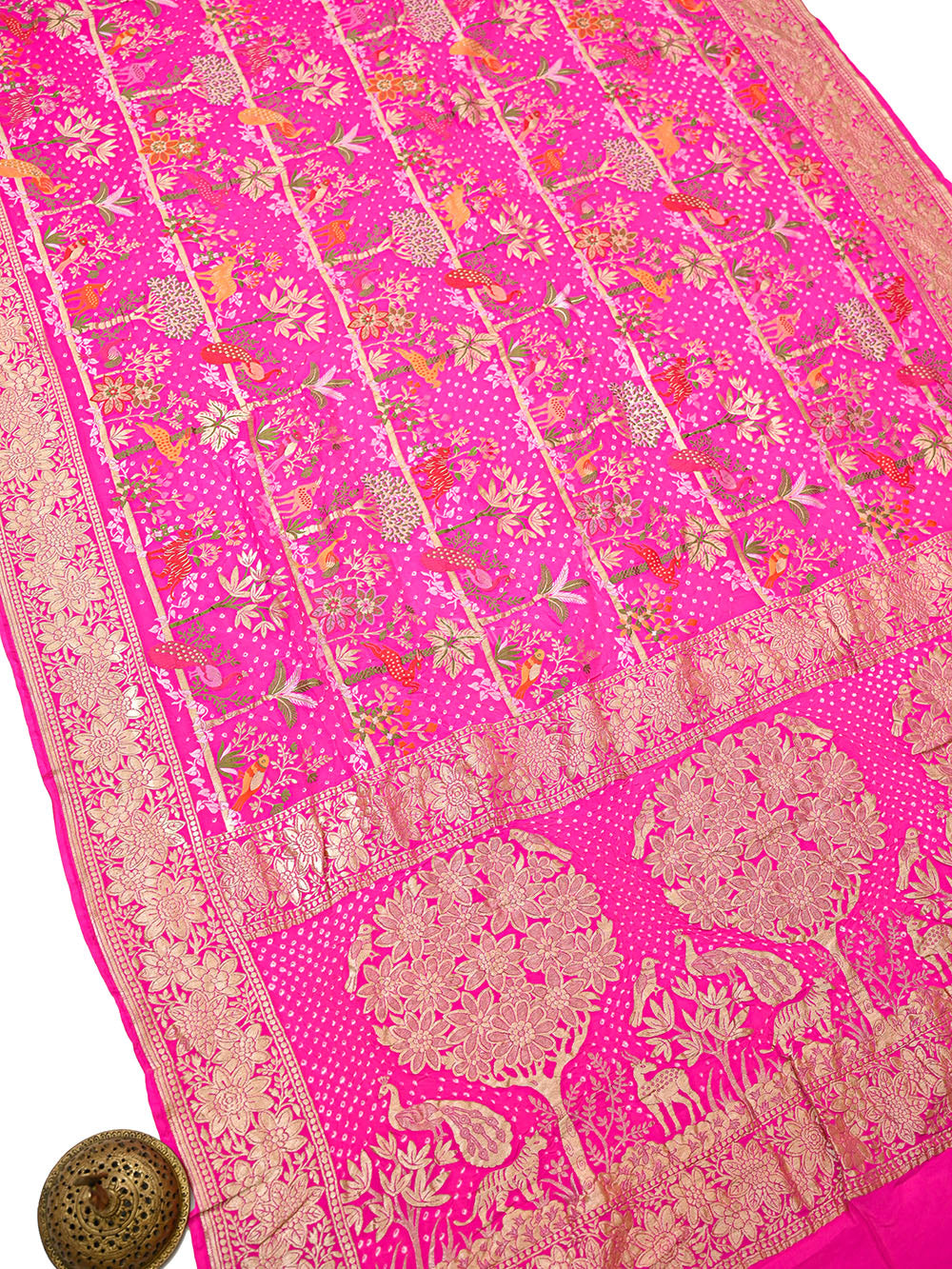 Dark Pink Meenakari Bandhani Crepe Silk Handloom Banarasi Saree - Sacred Weaves