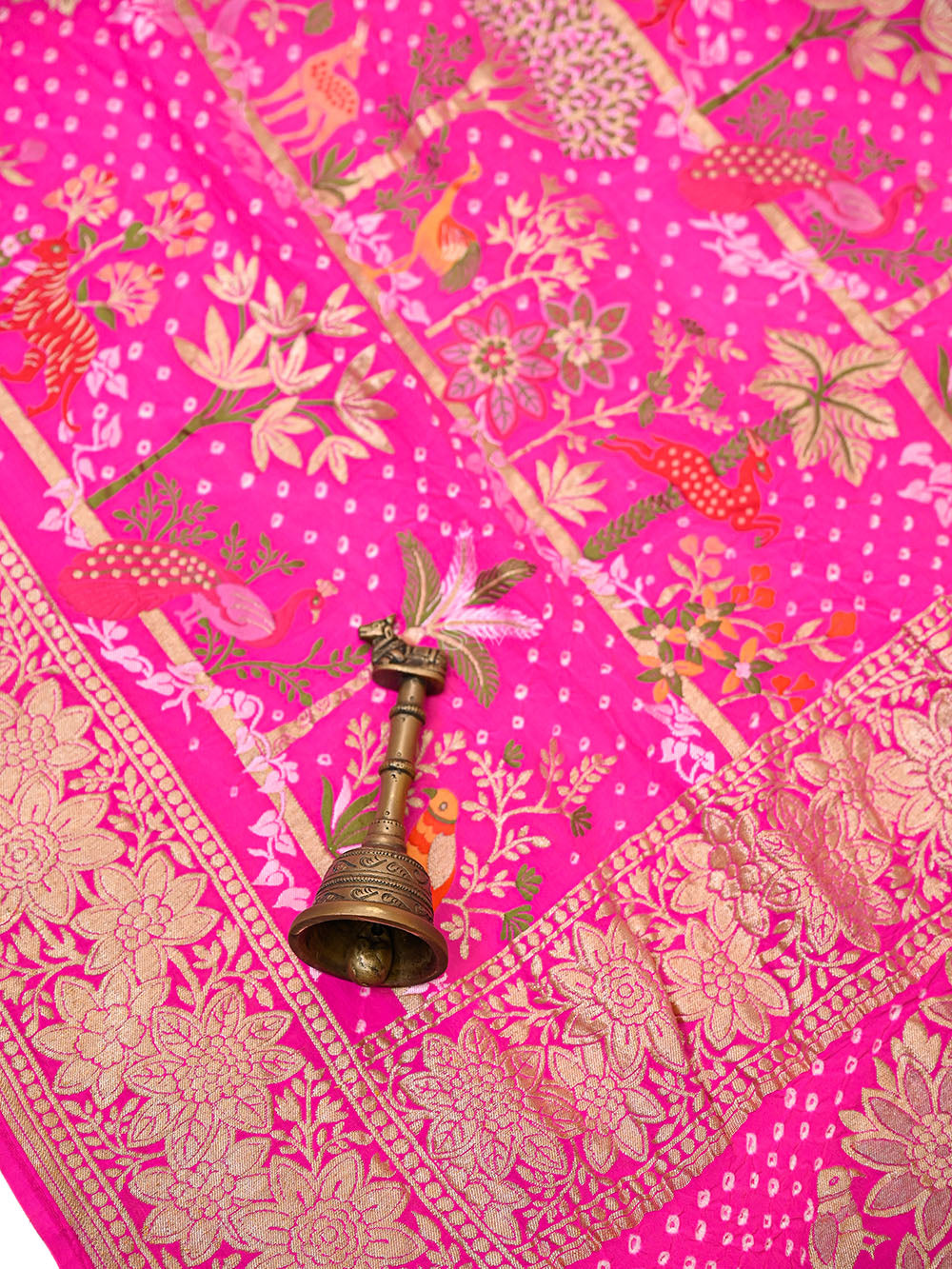Dark Pink Meenakari Bandhani Crepe Silk Handloom Banarasi Saree - Sacred Weaves