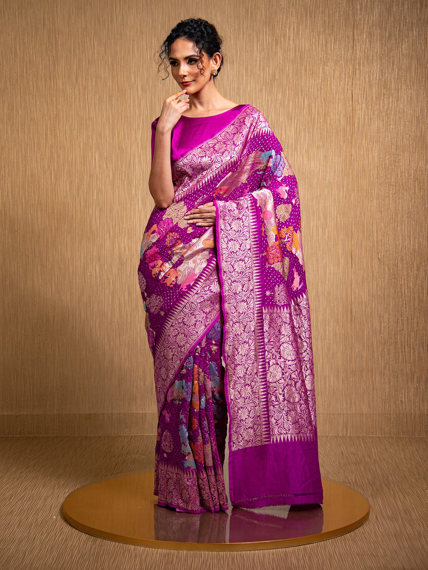 Purple Meenakari Bandhani Silk Handloom Banarasi Saree - Sacred Weaves
