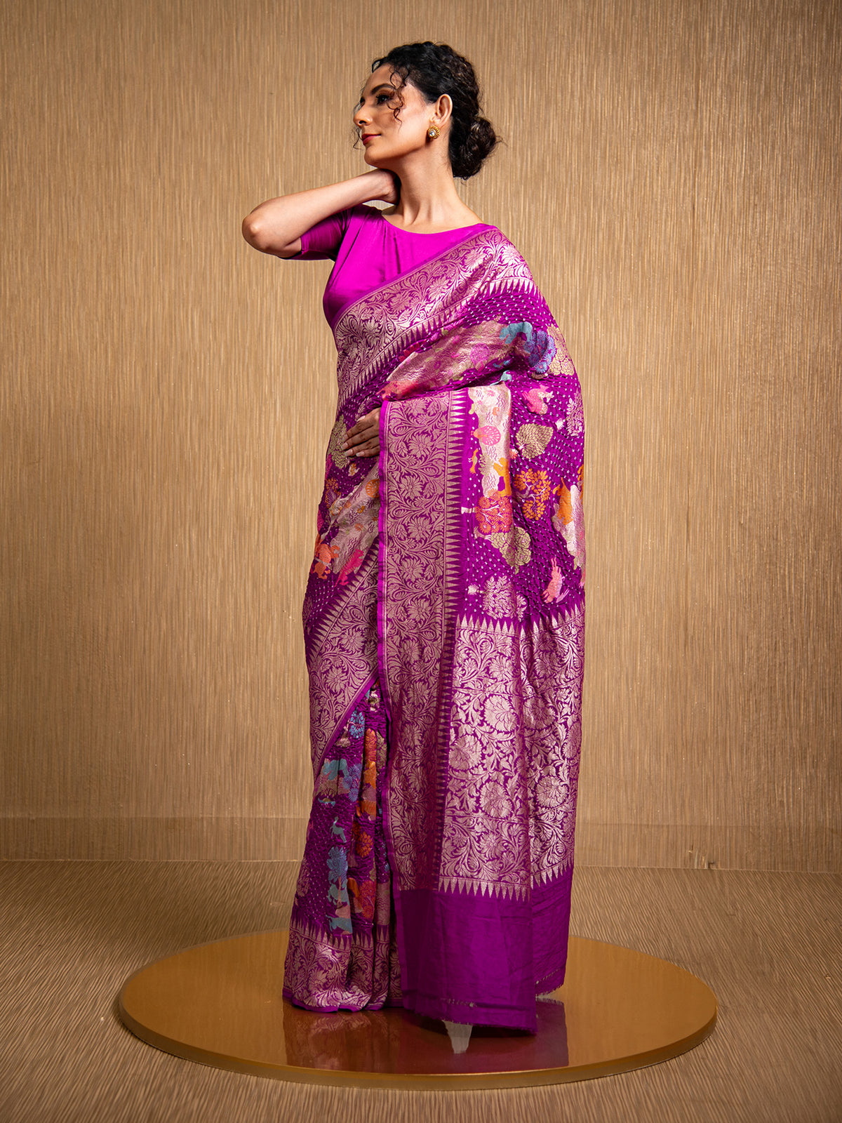 Dark Magenta Meenakari Bandhani Silk Handloom Banarasi Saree - Sacred Weaves