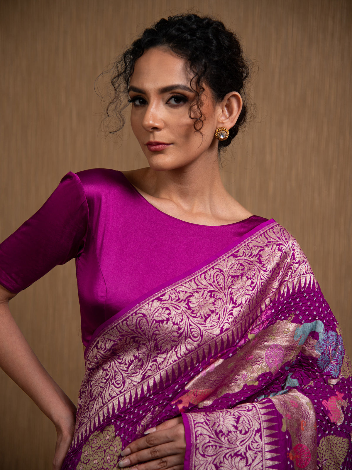 Dark Magenta Meenakari Bandhani Silk Handloom Banarasi Saree - Sacred Weaves