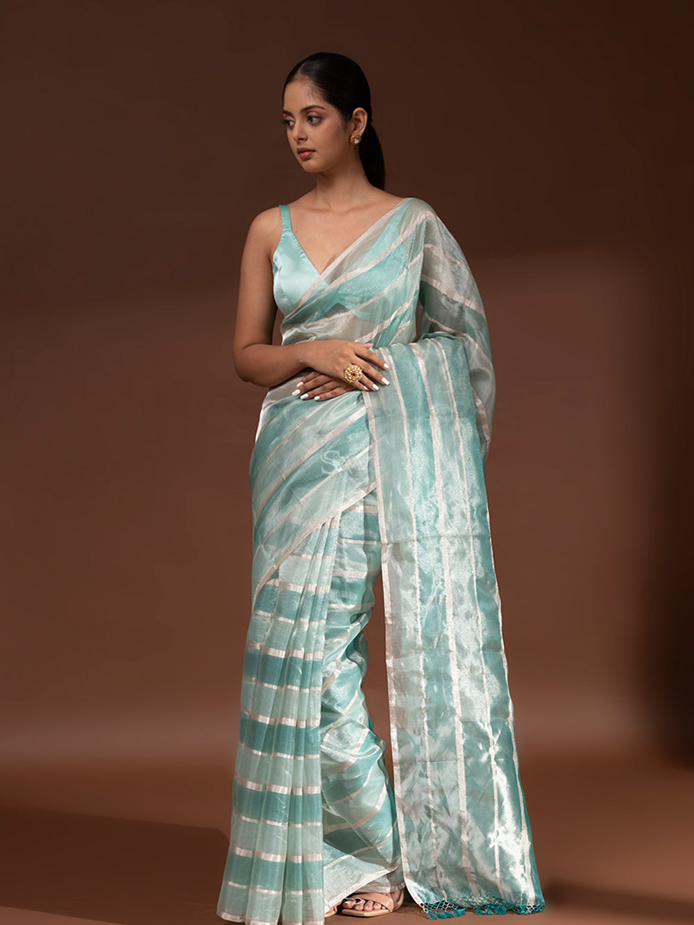 Mint Blue Tissue Handloom Banarasi Saree - Sacred Weaves