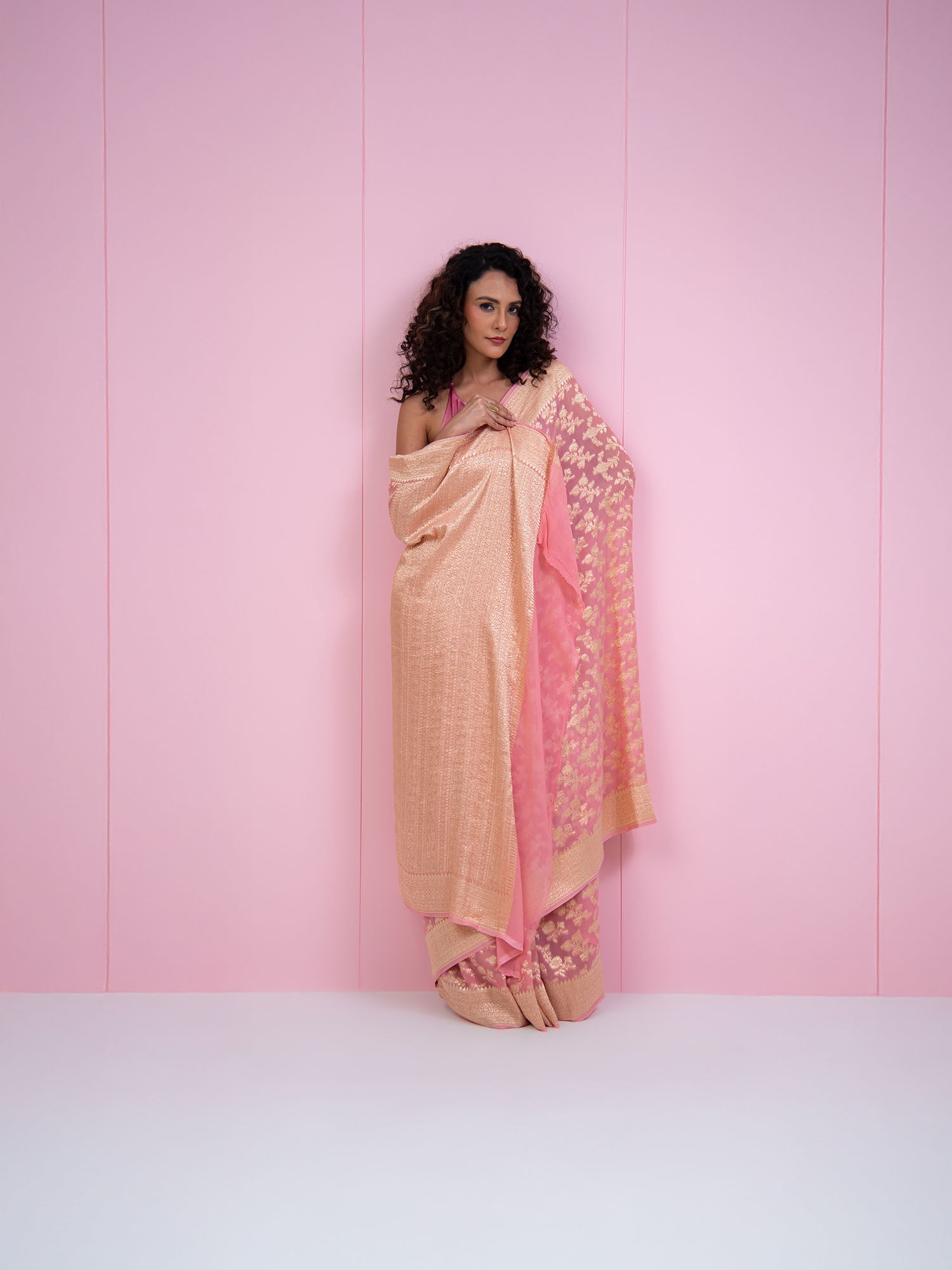 Pastel Pink Jaal Khaddi Georgette Handloom Banarasi Saree - Sacred Weaves