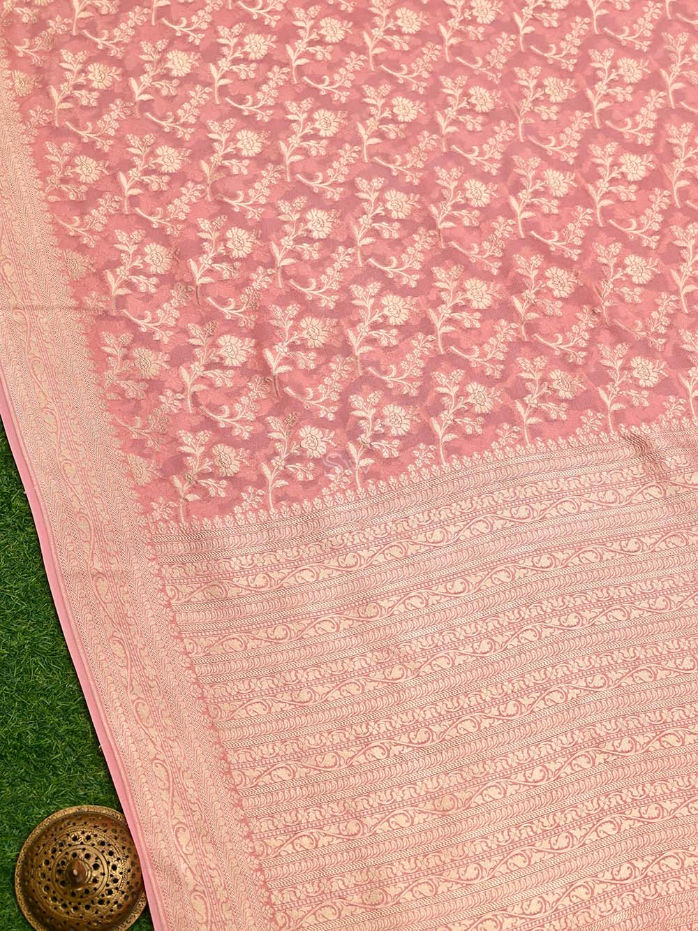 Pastel Pink Jaal Khaddi Georgette Handloom Banarasi Saree - Sacred Weaves