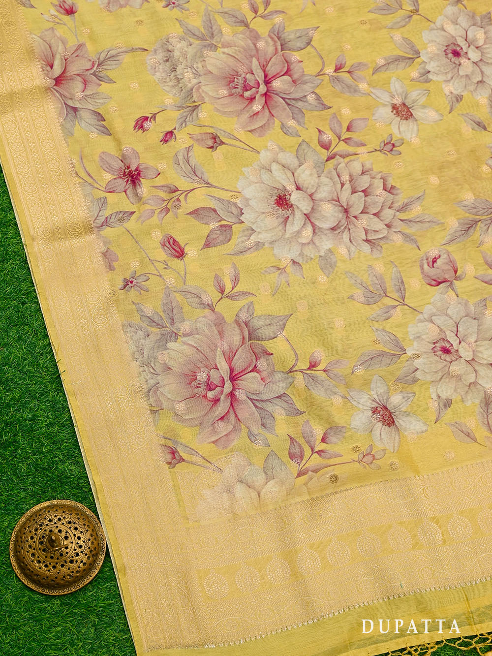 Yellow Booti Cotton Silk Handloom Banarasi Suit - Gift Box - Sacred Weaves