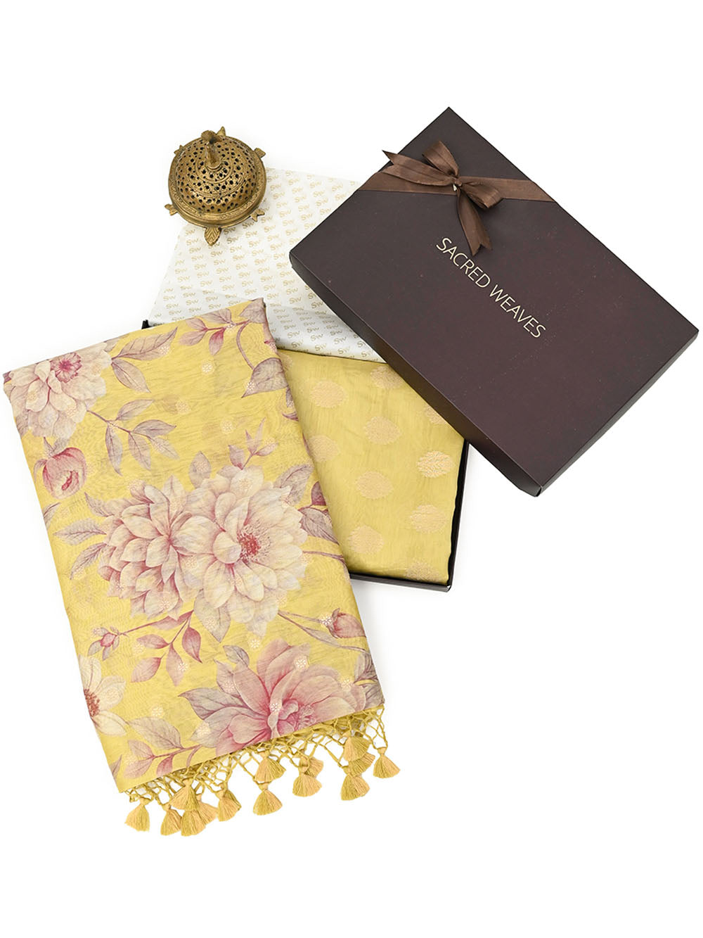 Yellow Booti Cotton Silk Handloom Banarasi Suit - Gift Box - Sacred Weaves