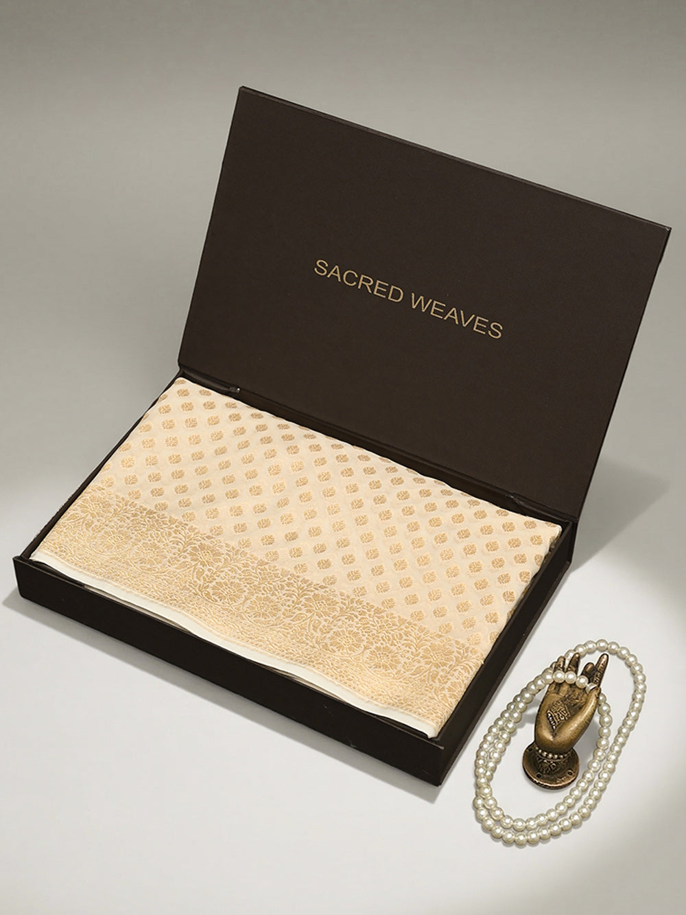 Cream Booti Khaddi Georgette Handloom Banarasi Saree - Sacred Weaves