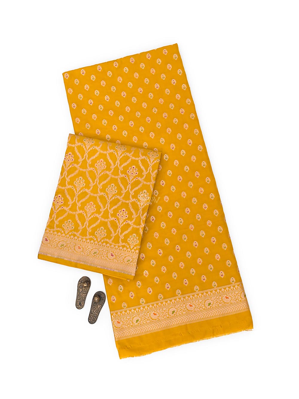 Mustard Meenakari Katan Silk Handloom Banarasi Suit - Sacred Weaves