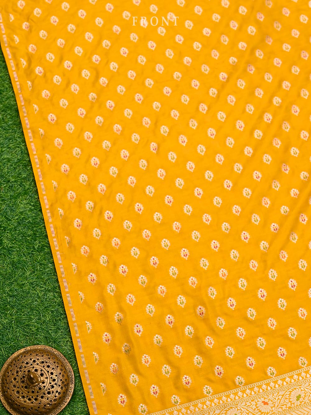 Mustard Meenakari Katan Silk Handloom Banarasi Suit - Sacred Weaves