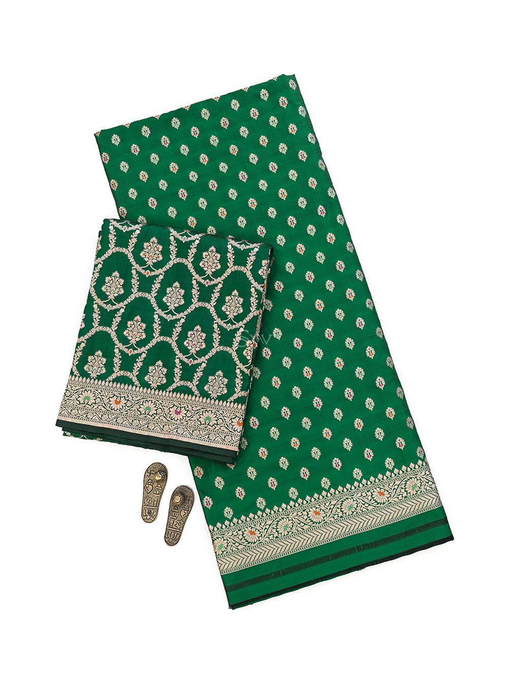 Bottle Green Meenakari Katan Silk Handloom Banarasi Suit - Sacred Weaves