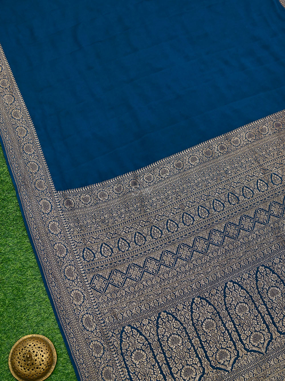 Midnight Blue Plain Crepe Silk Handloom Banarasi Saree - Sacred Weaves