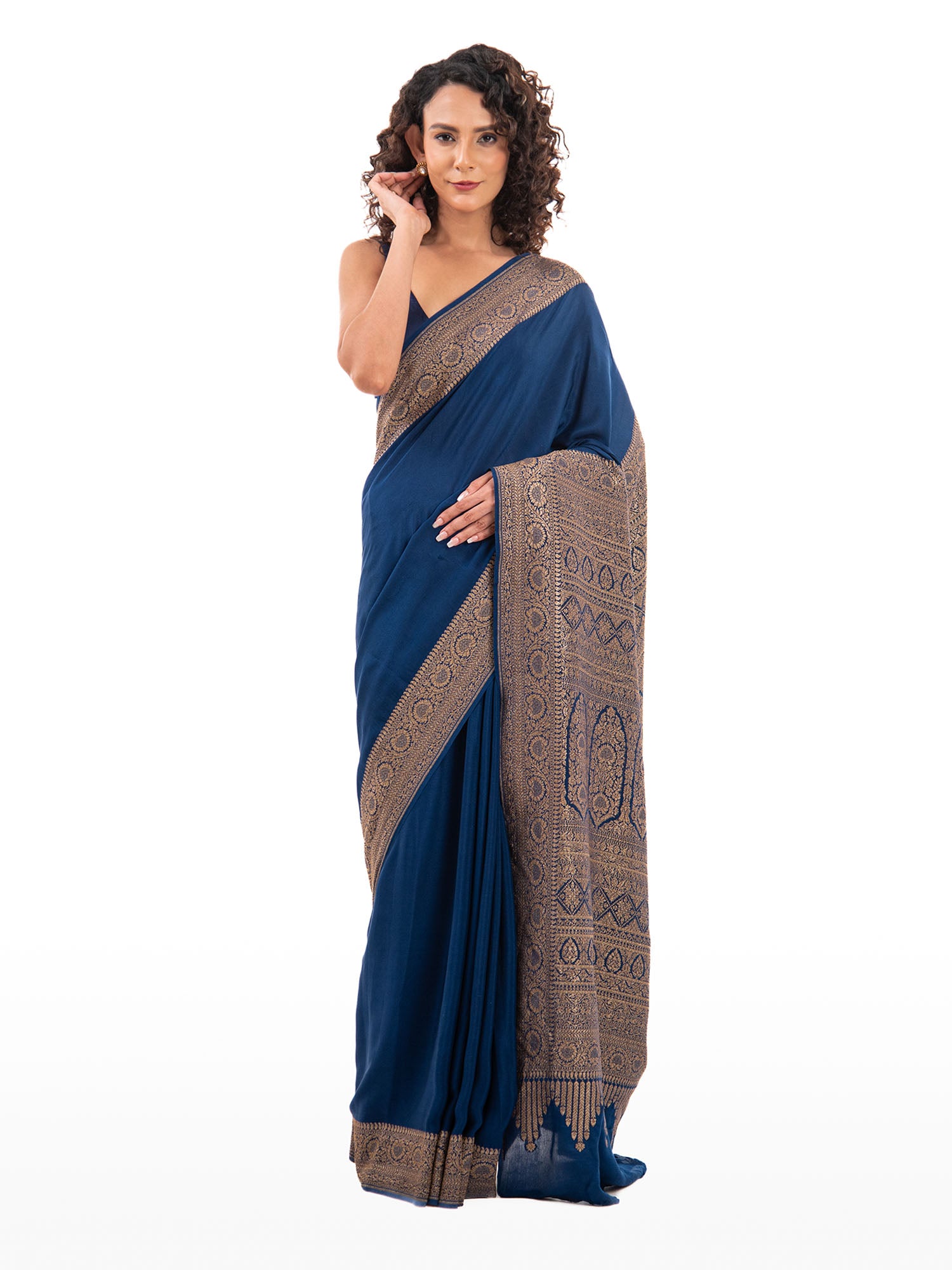 Midnight Blue Plain Crepe Silk Handloom Banarasi Saree - Sacred Weaves