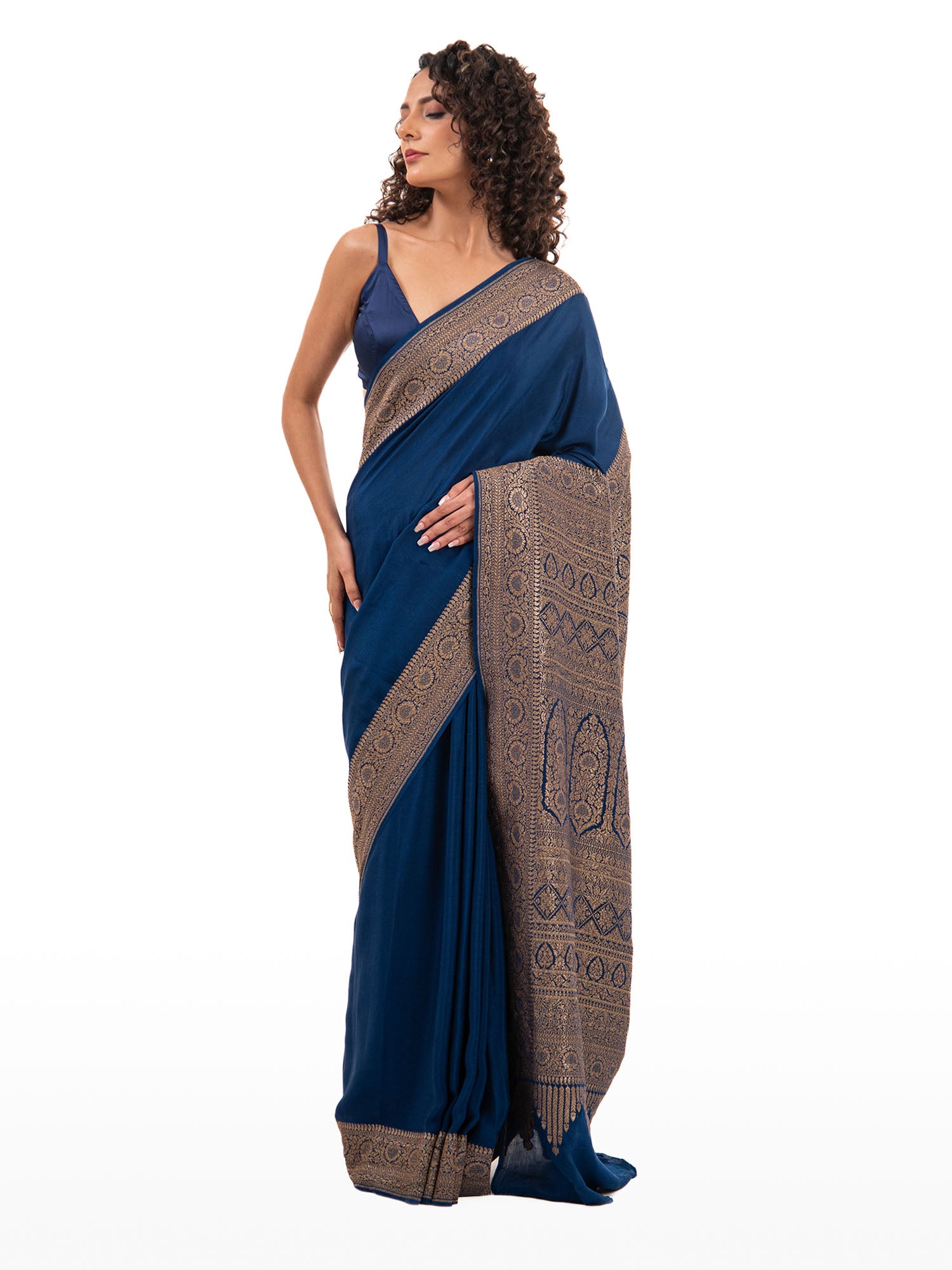 Midnight Blue Plain Crepe Silk Handloom Banarasi Saree - Sacred Weaves