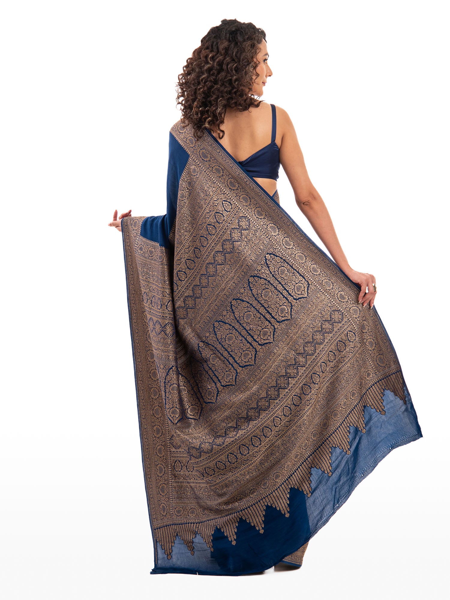 Midnight Blue Plain Crepe Silk Handloom Banarasi Saree - Sacred Weaves