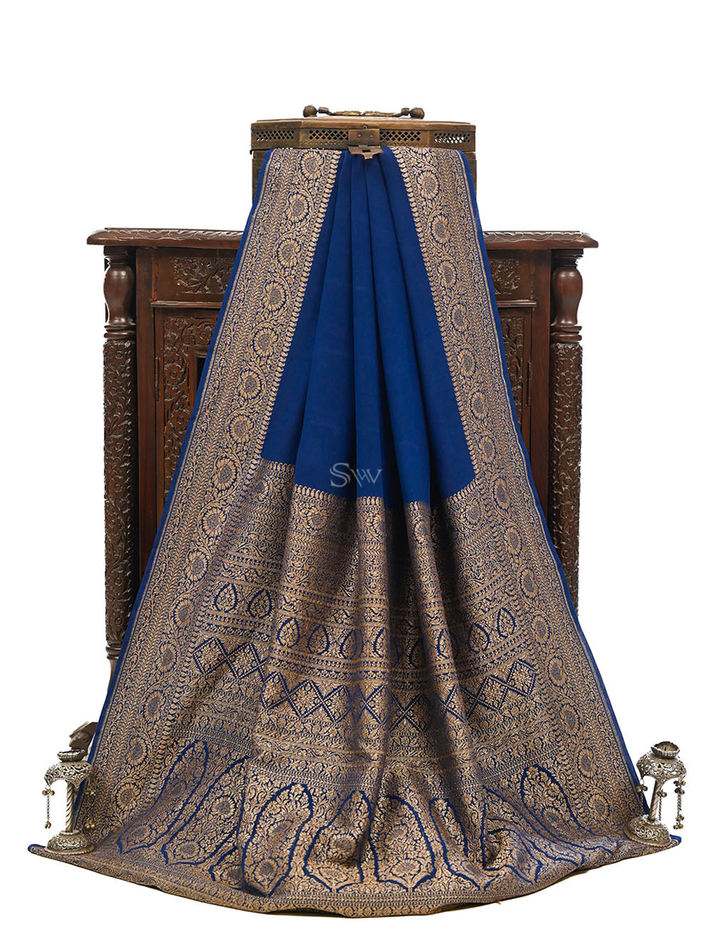 Midnight Blue Plain Crepe Silk Handloom Banarasi Saree - Sacred Weaves