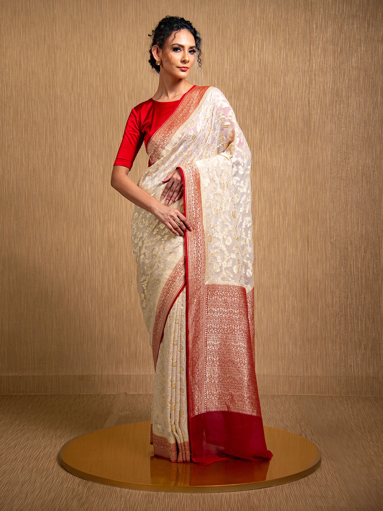 Off-White Jaal Khaddi Georgette Handloom Banarasi Saree - Sacred Weaves