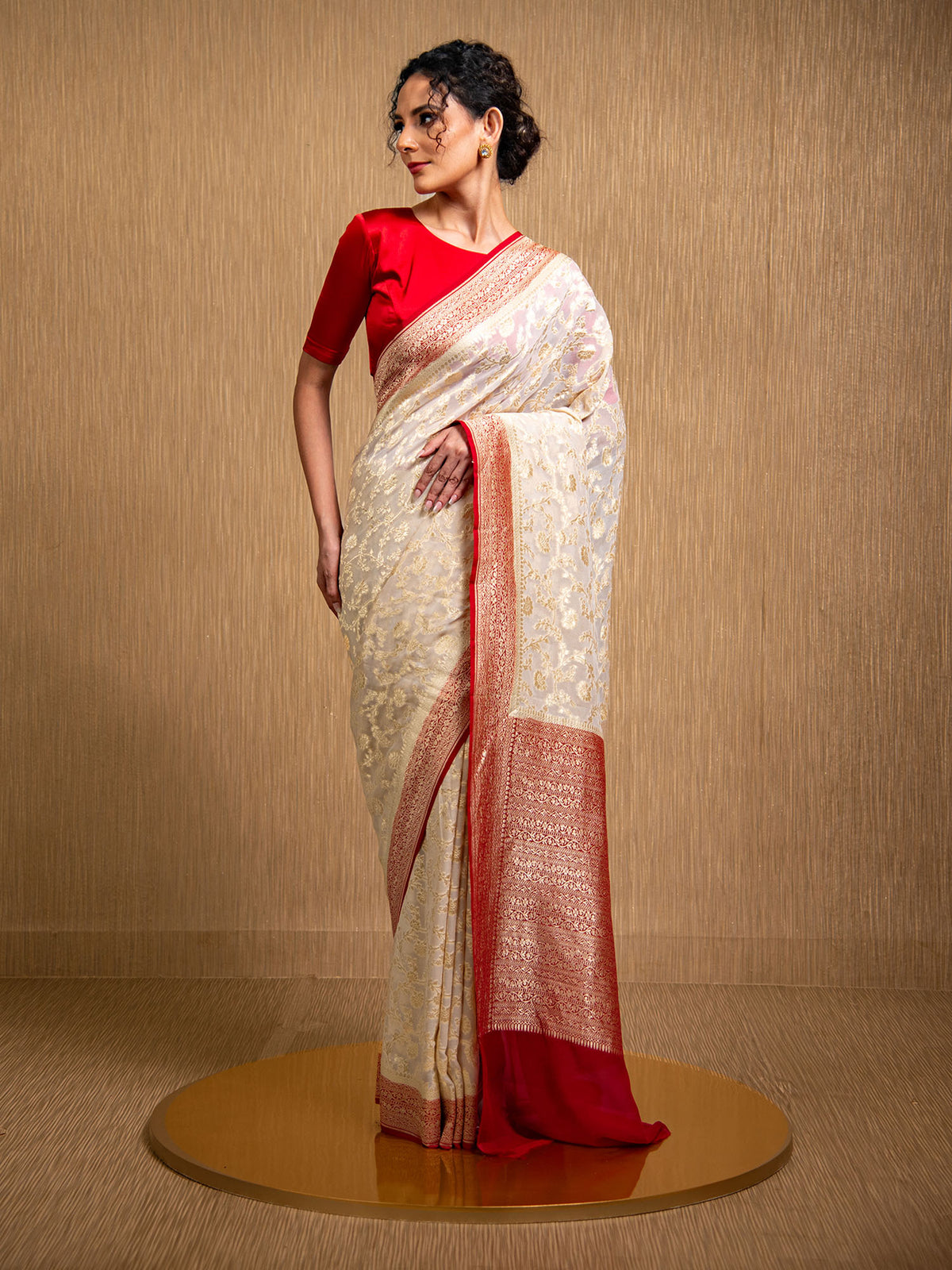 Off-White Jaal Khaddi Georgette Handloom Banarasi Saree