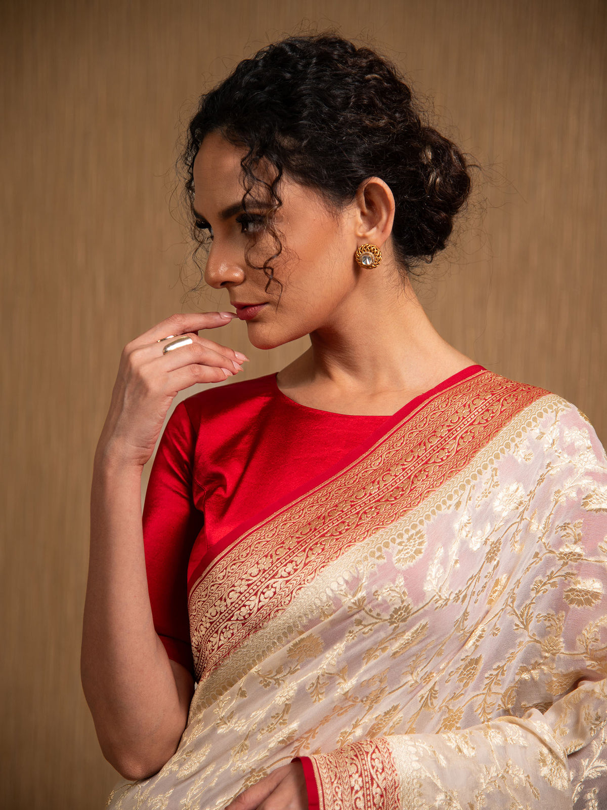 Off-White Jaal Khaddi Georgette Handloom Banarasi Saree