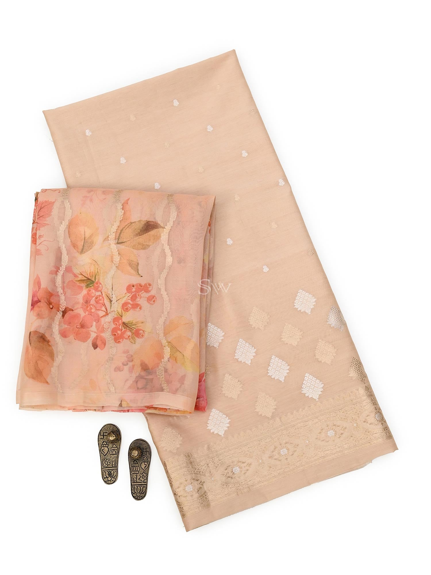 Light Peach Booti Cotton Silk Handloom Banarasi Suit - Sacred Weaves