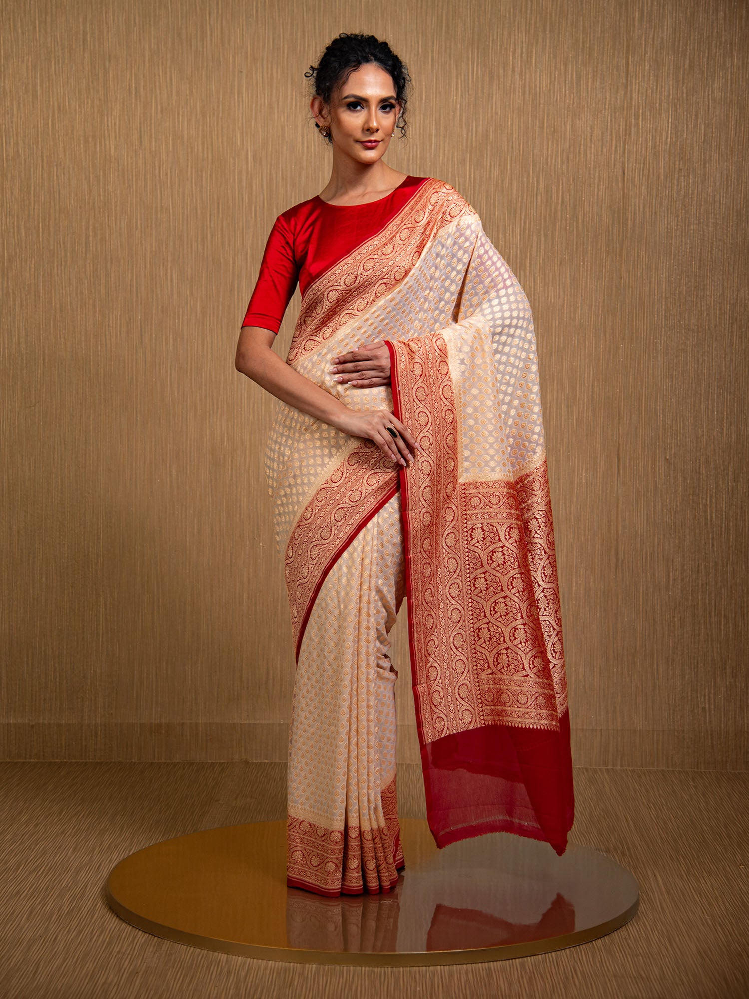 Light Beige Booti Khaddi Georgette Handloom Banarasi Saree - Sacred Weaves