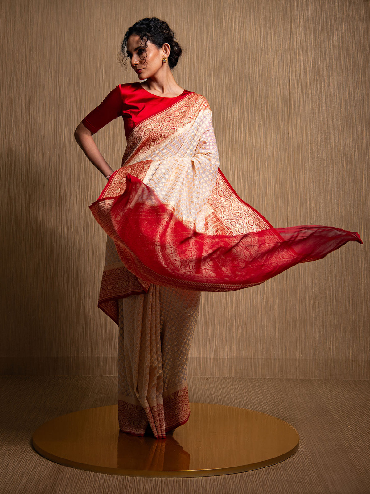 Light Beige Booti Khaddi Georgette Handloom Banarasi Saree