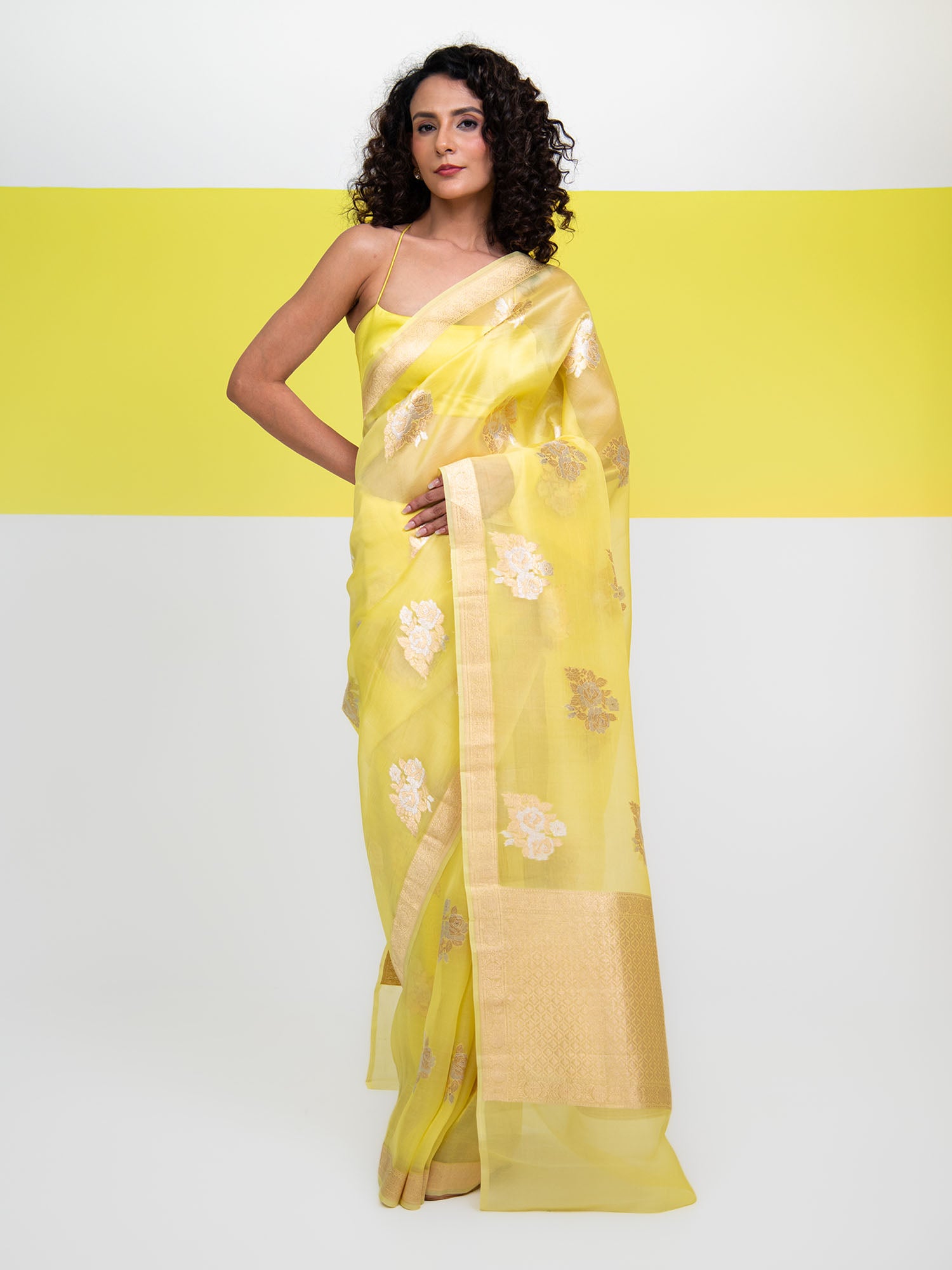 Lemon Yellow Boota Organza Handloom Banarasi Saree - Sacred Weaves