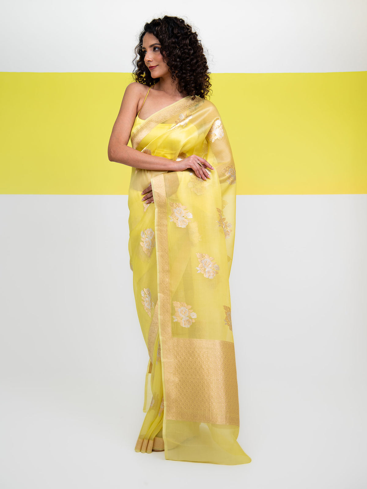 Lemon Yellow Boota Organza Handloom Banarasi Saree - Sacred Weaves