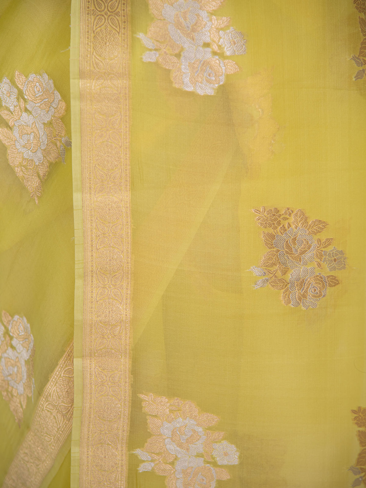 Lemon Yellow Boota Organza Handloom Banarasi Saree - Sacred Weaves