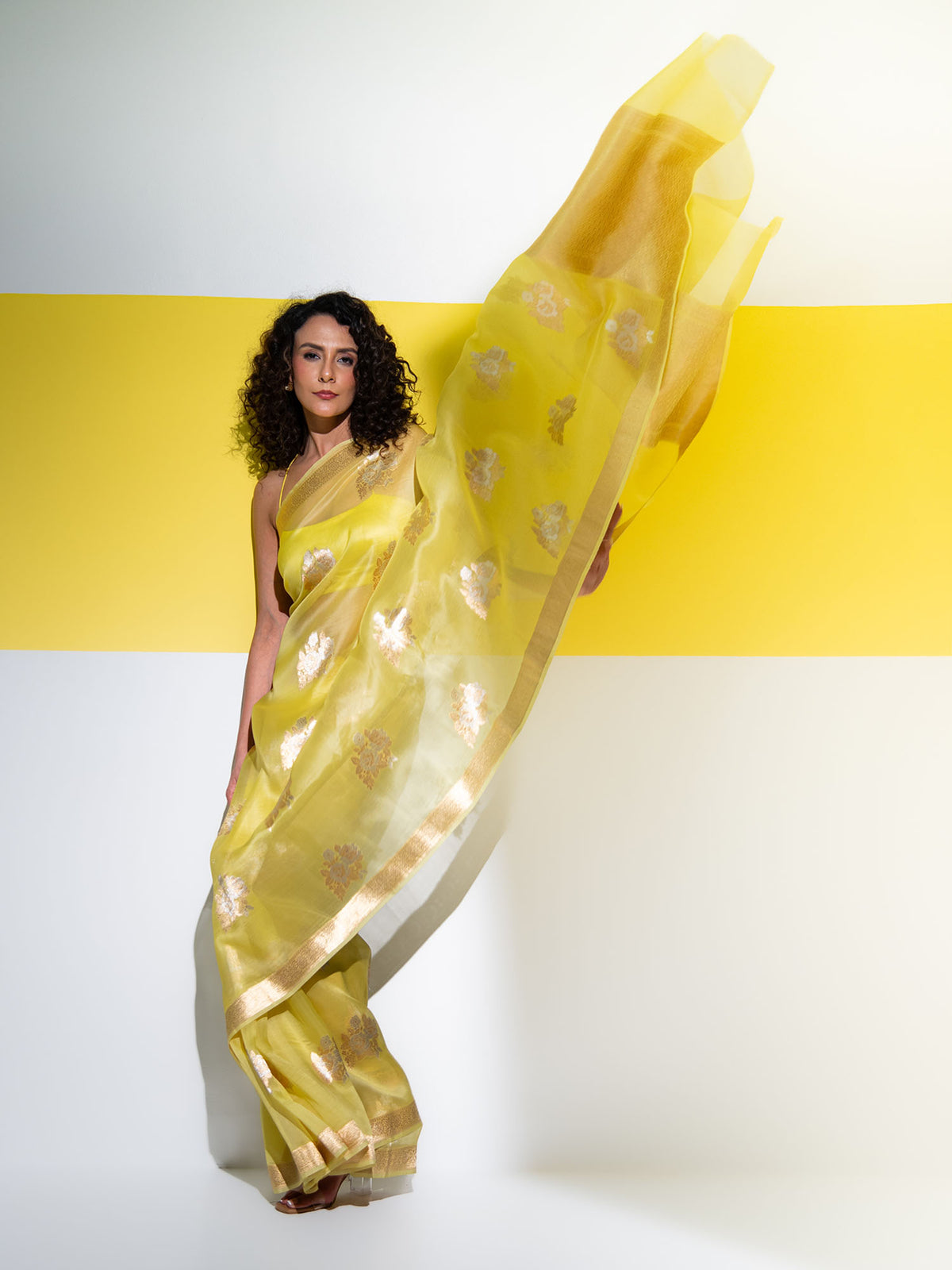 Lemon Yellow Boota Organza Handloom Banarasi Saree - Sacred Weaves