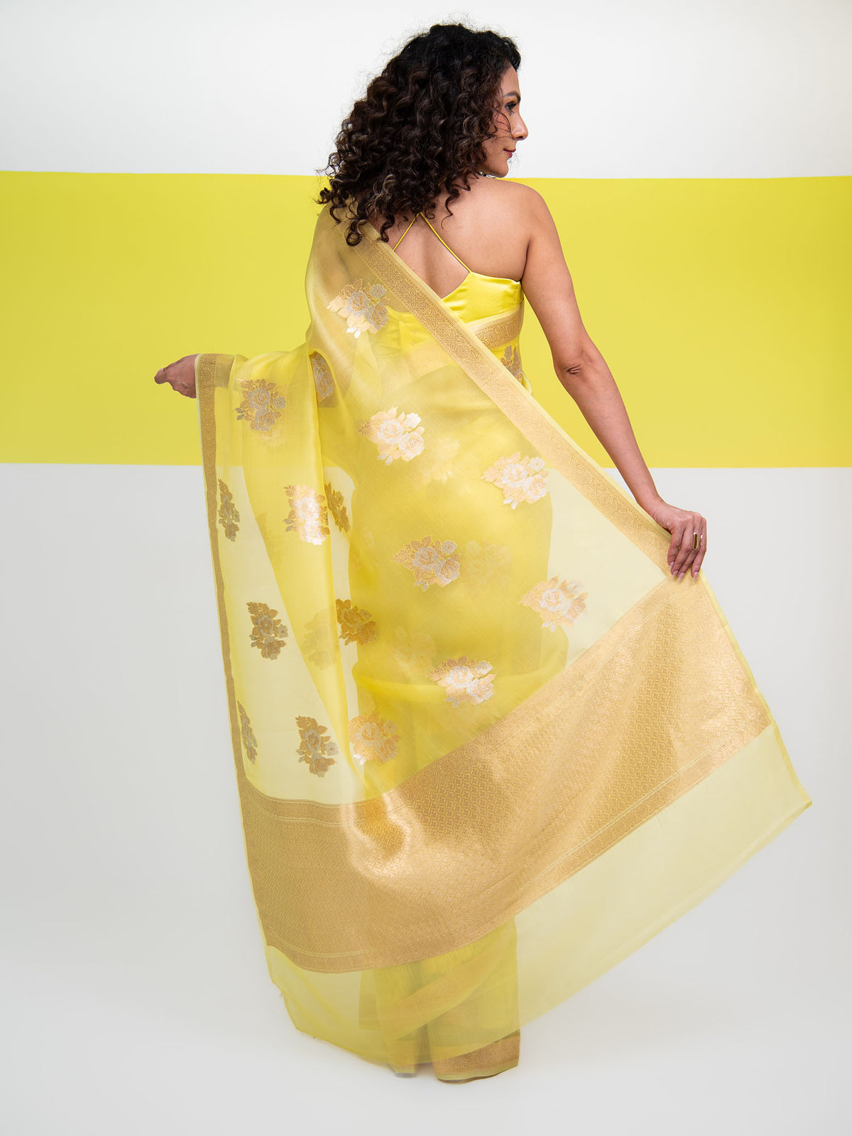 Lemon Yellow Boota Organza Handloom Banarasi Saree - Sacred Weaves