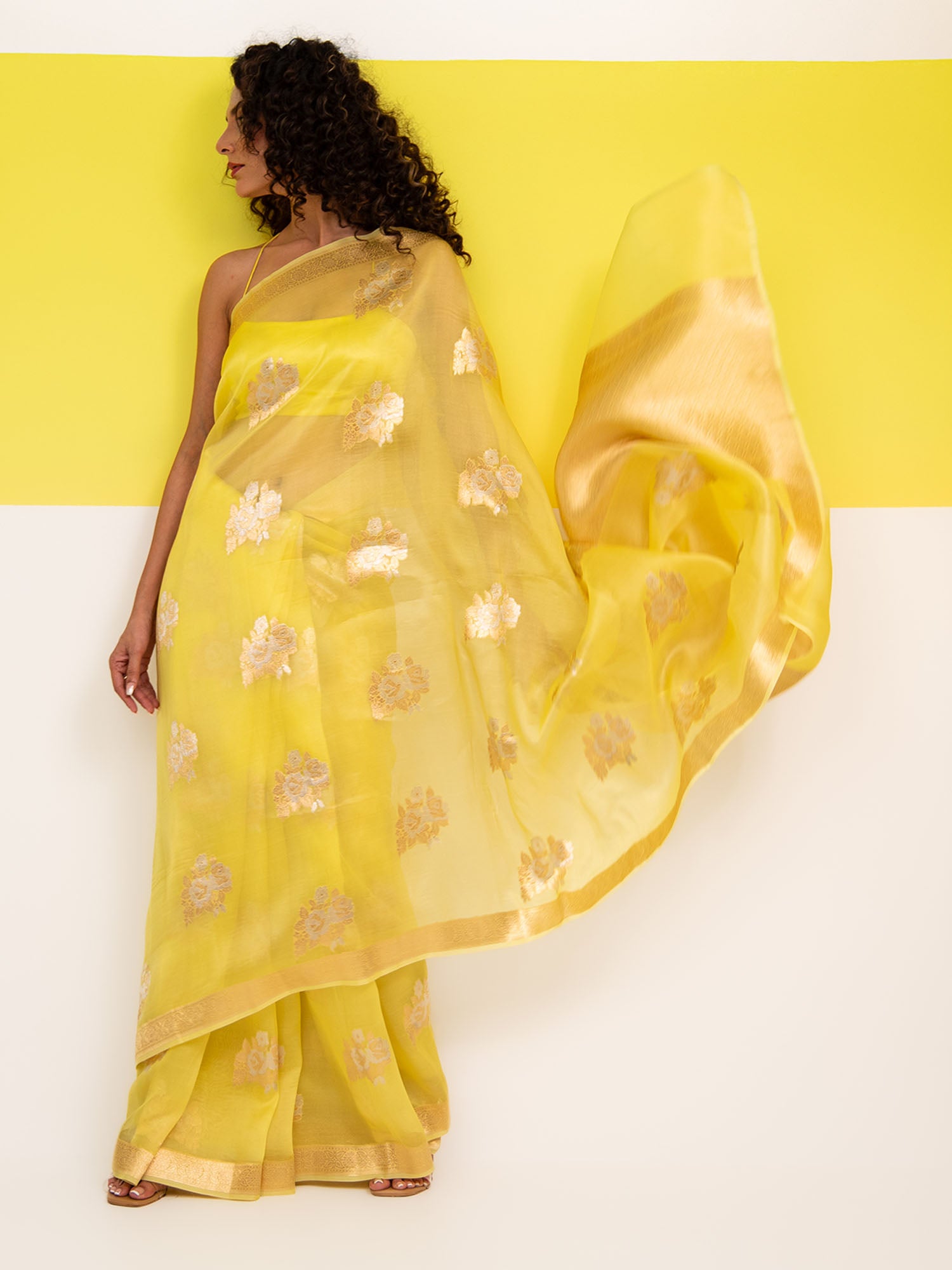 Lemon Yellow Boota Organza Handloom Banarasi Saree - Sacred Weaves