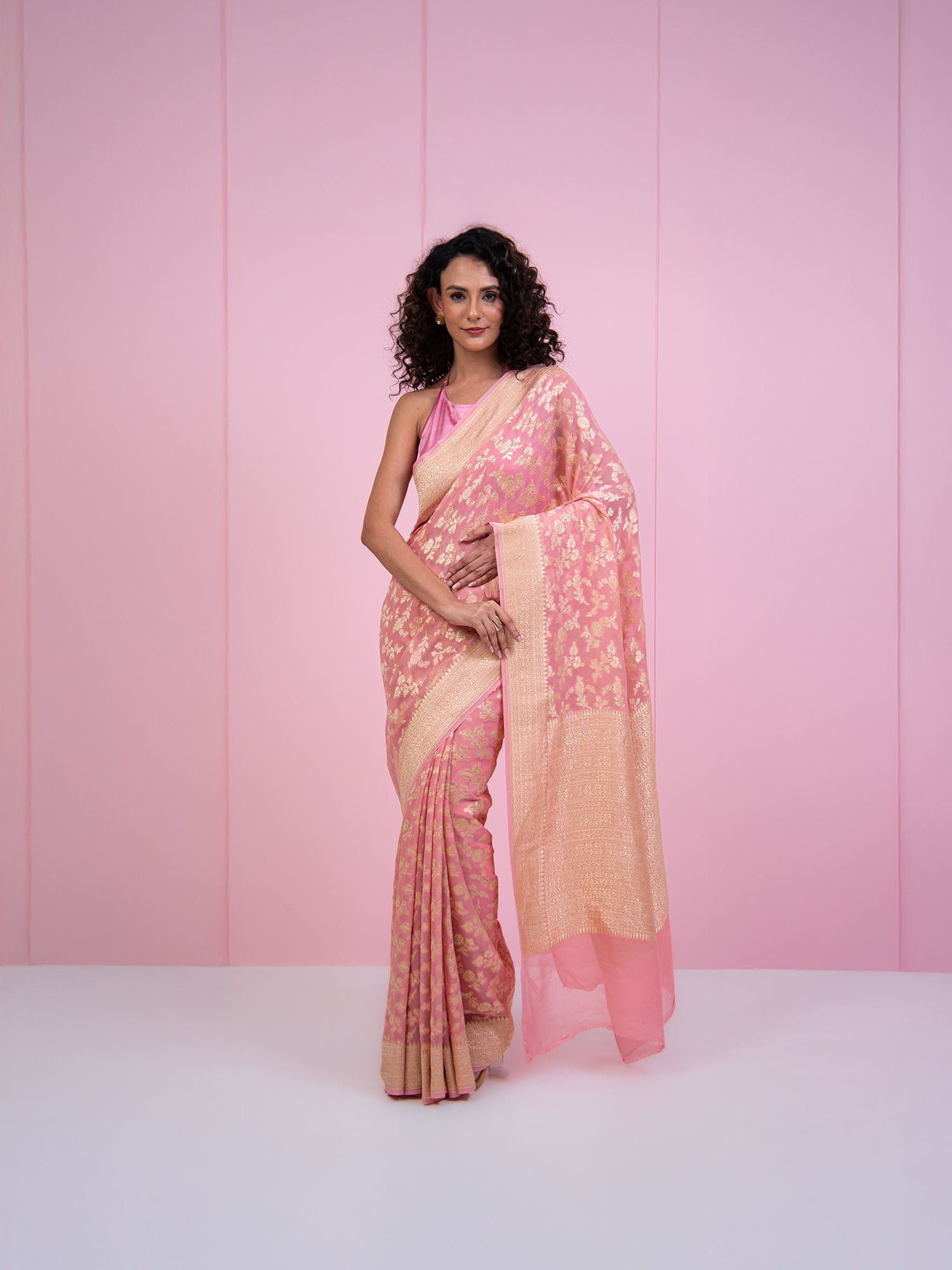 Pastel Pink Jaal Khaddi Georgette Handloom Banarasi Saree - Sacred Weaves