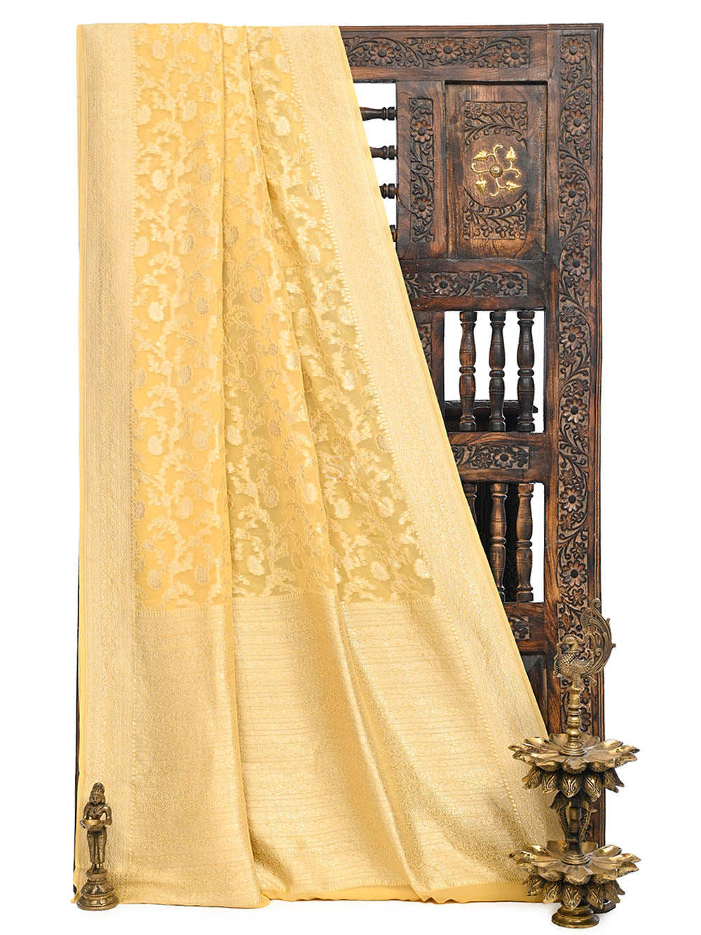 Pastel Yellow Jaal Khaddi Georgette Handloom Banarasi Saree - Sacred Weaves