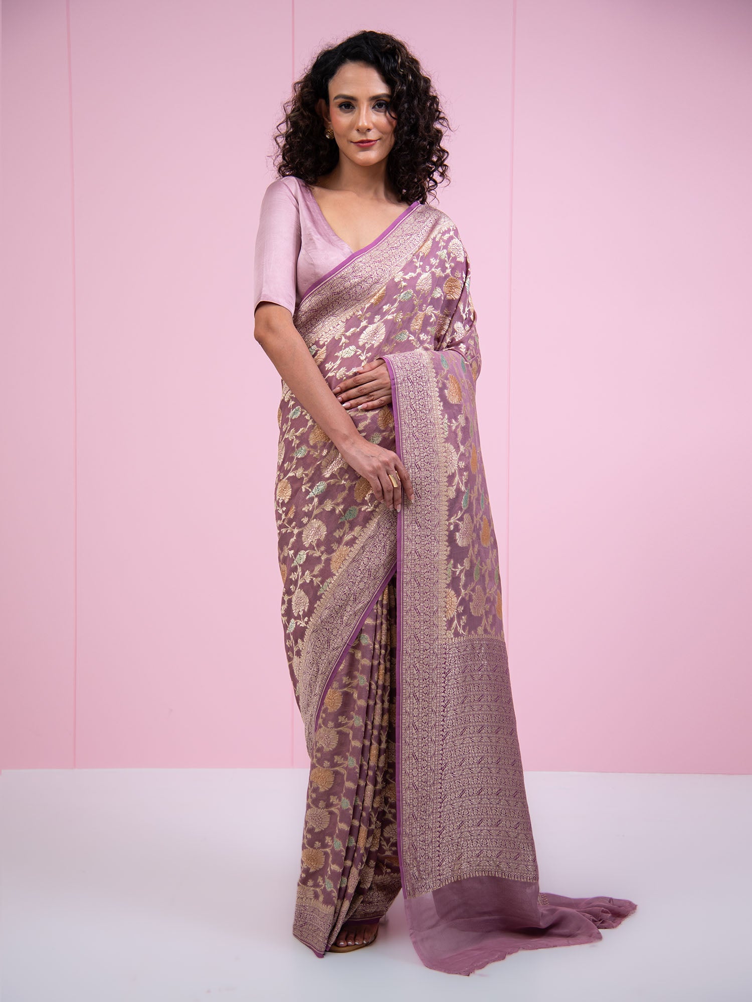 Mauve Rangkat Jaal Khaddi Georgette Handloom Banarasi Saree - Sacred Weaves