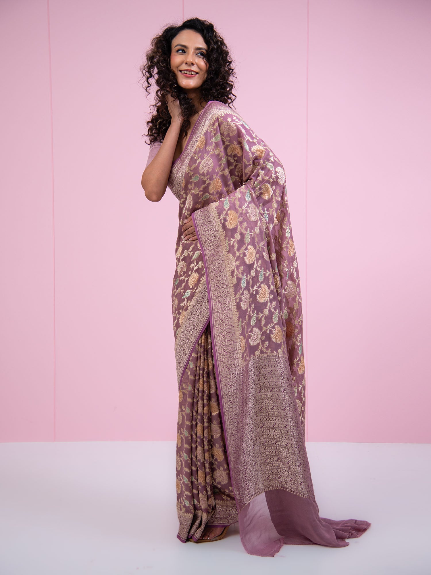 Mauve Rangkat Jaal Khaddi Georgette Handloom Banarasi Saree - Sacred Weaves