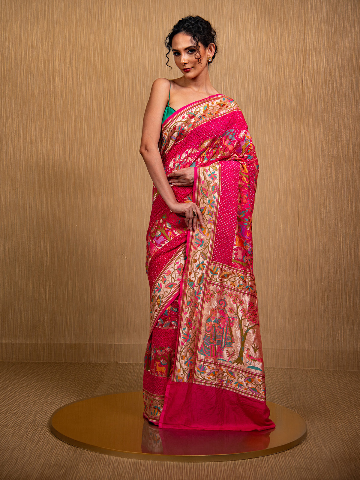 Magenta Meenakari Bandhani Silk Handloom Banarasi Saree