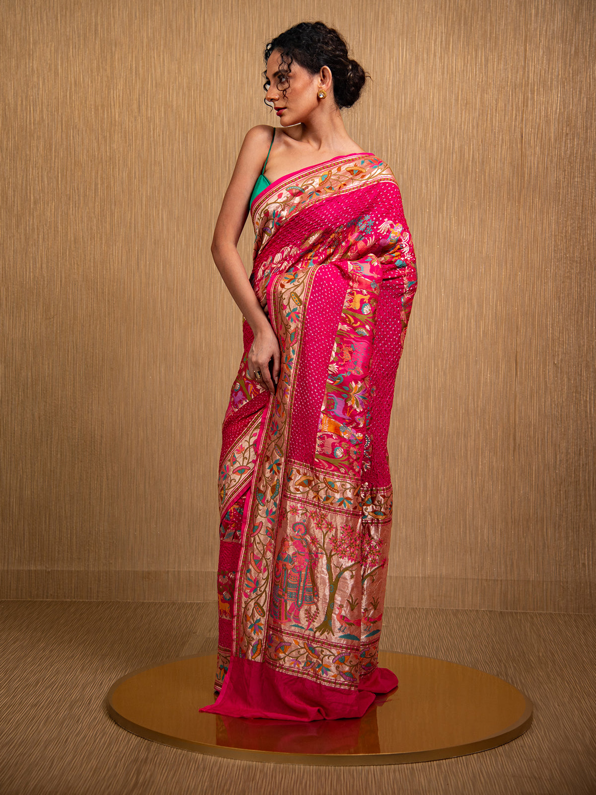 Magenta Meenakari Bandhani Silk Handloom Banarasi Saree