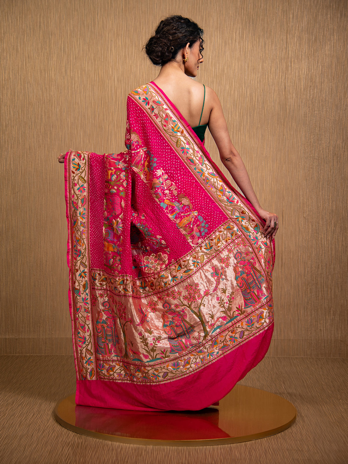 Magenta Meenakari Bandhani Silk Handloom Banarasi Saree