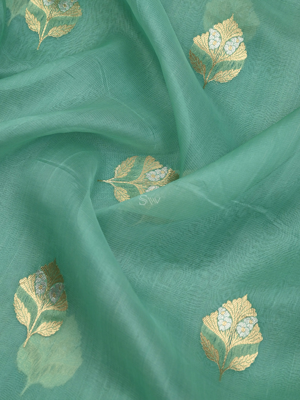 Aqua Green Booti Organza Handloom Banarasi Saree - Sacred Weaves