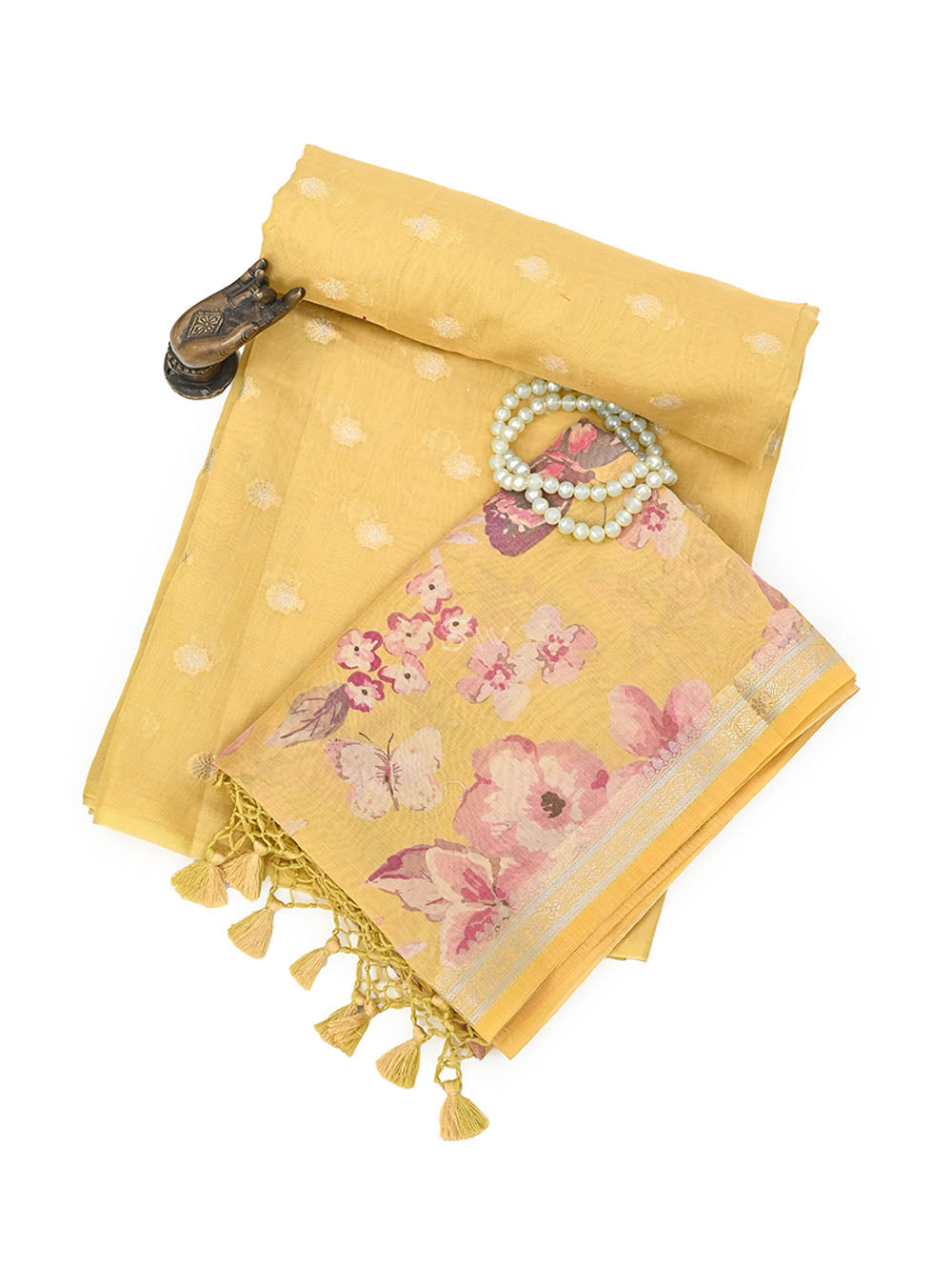 Mustard Sona Roopa Booti Cotton Tissue Silk Handloom Banarasi Suit - Sacred Weaves