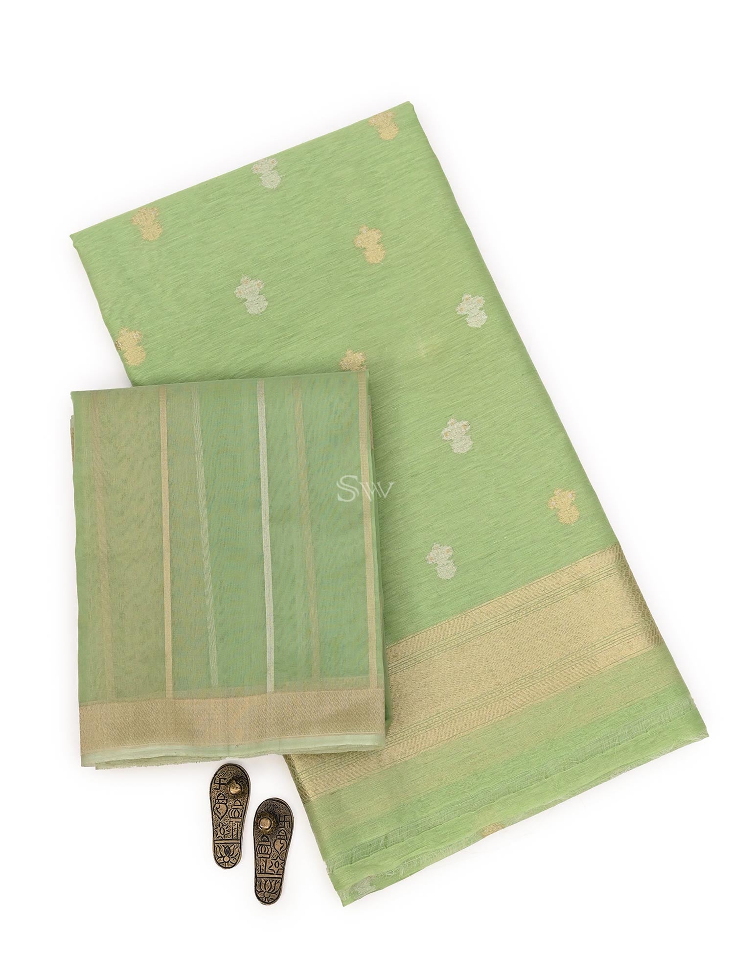 Pista Green Booti Linen Handloom Banarasi Suit - Sacred Weaves